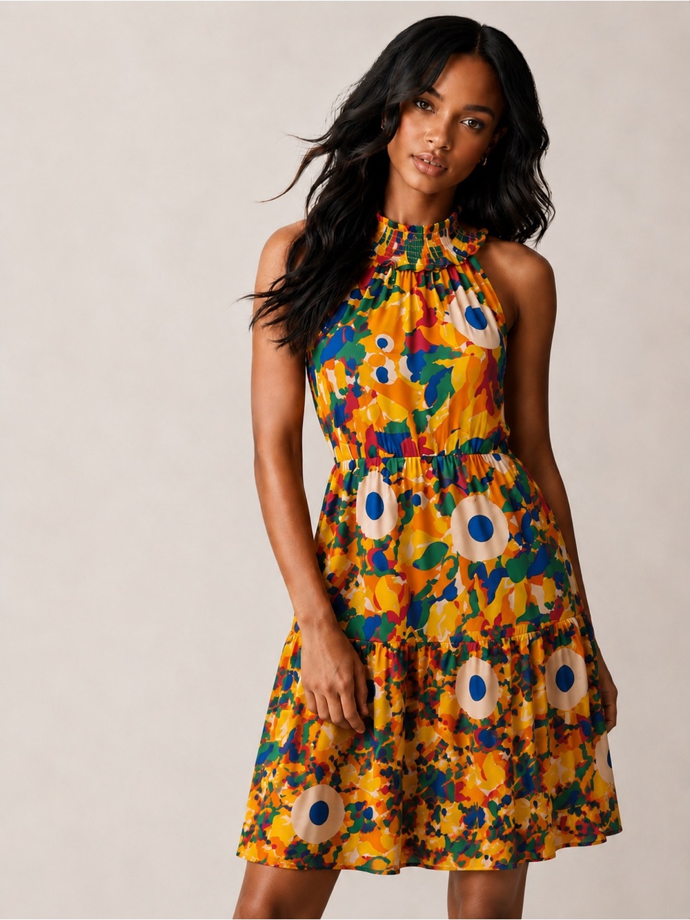 THML Abstract Smocked Neck Mini Dress XS Fits Like Small Colorful Ruffle Hem